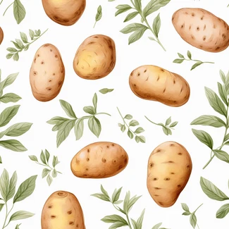 A watercolor seamless pattern featuring potatoes, leaves, and rosemary sprigs on a white background.