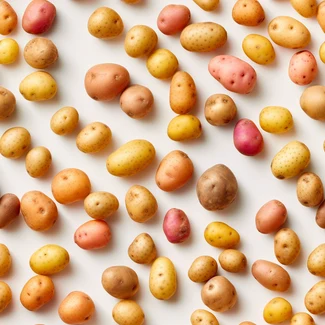 Multicolored potato clusters arranged on a white background in various nature-based patterns