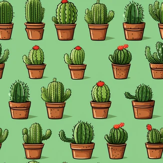 A seamless pattern of various cacti plants in pots on a light green background.