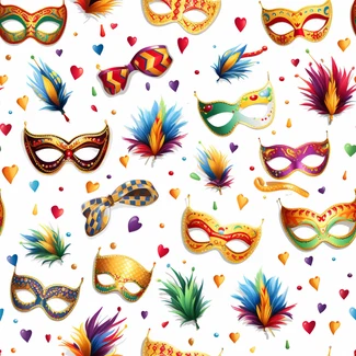 A carnival-inspired pattern featuring handcrafted masks and feathers in vibrant and lively hues, set against a crisp white background.
