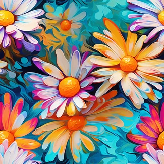 A colorful flower pattern on a blue background with swirling vortexes and vibrant caricatures