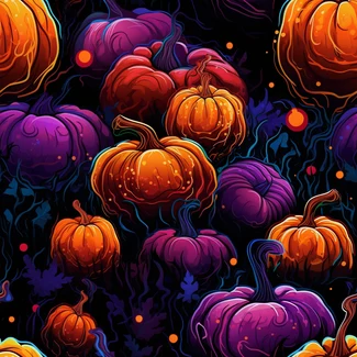 A seamless pattern featuring pumpkins in shades of orange and purple, on a black background.