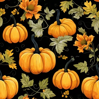 A seamless pattern of watercolor pumpkins and flowers on a black background