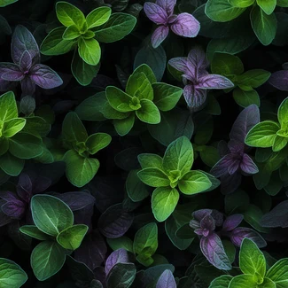 Purple mint leaves arranged on a black background in a nature-based pattern with vibrant colors and textured background.