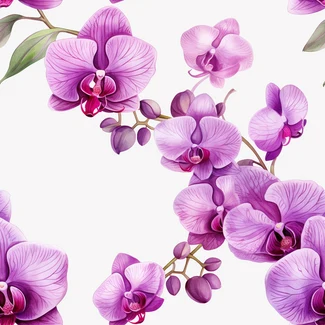 A seamless pattern of purple orchids with delicate, realistic details and watercolor effect.