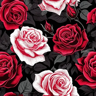 A seamless pattern featuring red roses on a black background in a gothic art style.