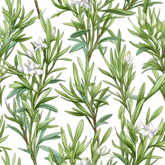 A watercolor pattern with rosemary leaves and pink flowers on a white background.