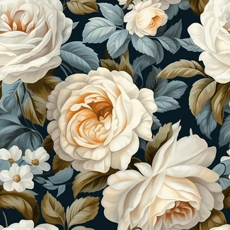 A seamless pattern featuring white roses on a deep blue background with luxurious drapery and richly layered foliage.
