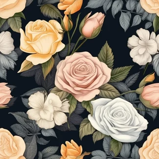 Vintage black and white roses botanical illustration pattern on a black background