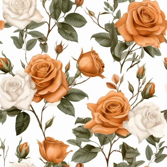 A beautiful pattern of orange roses and greenery on a white background