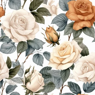 A seamless pattern of orange roses and white leaves on a soft white background.