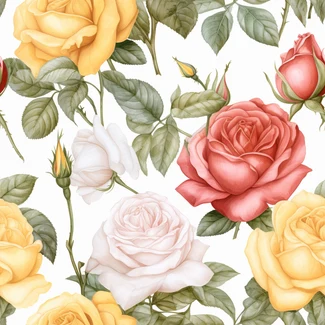 A beautiful watercolor illustration of roses in pastel colors arranged in a seamless pattern.