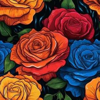 A seamless pattern of colored roses on a dark background with a rainbow-colored backdrop.