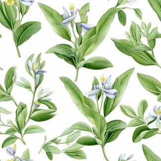 Blue botanical watercolor pattern with detailed blue flowers on a white background