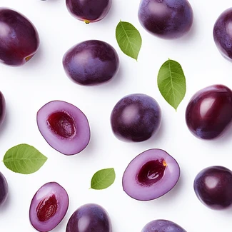 Scattered plums pattern on a white background with leaves.