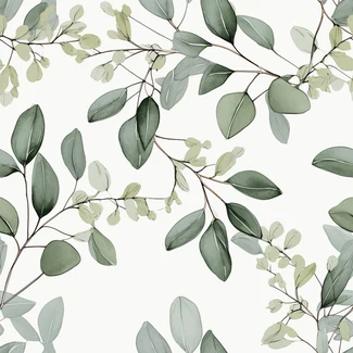 Eucalyptus leaf seamless botanical illustration pattern on a light silver and green background.
