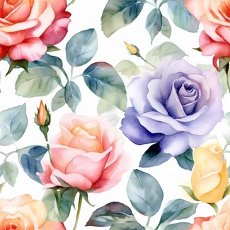Watercolor pattern of colorful roses on a white background
