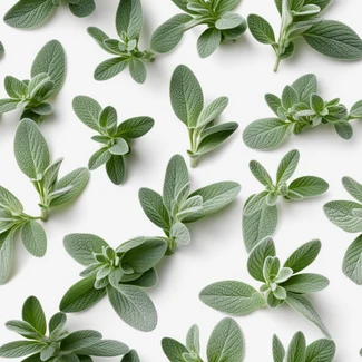 Sage leaves arranged in a repeating floral pattern on a white background