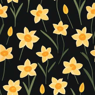 A colorful seamless pattern of daffodils and pink flowers on a black background.