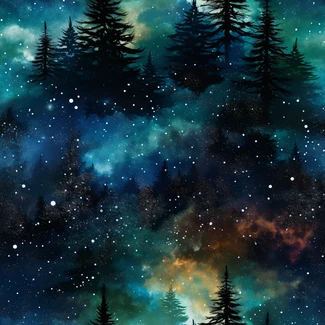 A repeating pattern of pine trees in a forest at night with a watercolor background of dark blue and brown, with interstellar nebulae and repeating silhouettes of trees and snow scenes.
