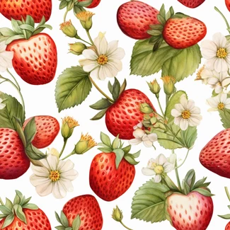 A watercolor pattern of strawberries and flowers on a white background.