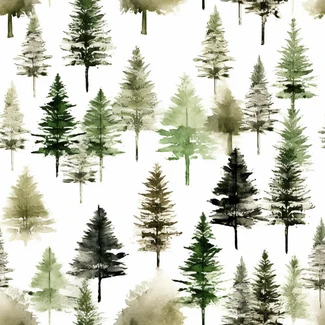 Pine trees watercolor pattern featuring realistic trees in soft green and black tones on a white background.