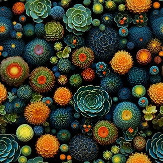 A stunning kaleidoscope of succulent plants in shades of blue, orange, and green.