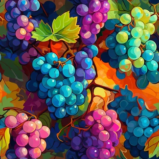 Colorful painting of grapes on a vine in a cartoon abstraction style with highly detailed foliage and vibrant color gradients.