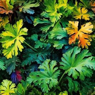 A colorful pattern featuring multicolored leaves on a bright green background.