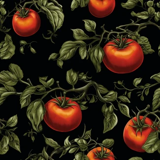 Tomato botanical illustration seamless pattern on a black background with twisted branches and red vines