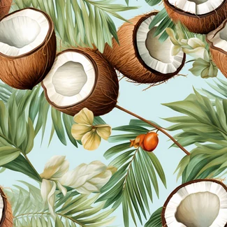 A seamless pattern featuring coconut branches, flowers, and palm leaves on a light blue background