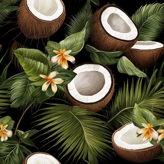 Tropical Flora Seamless Pattern with Coconut, Flower and Foliage on Black Background