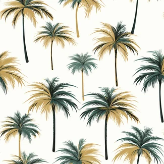 A seamless pattern of tropical palm trees in gold and emerald colors on a white background.
