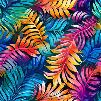 A seamless pattern of tropical palm leaves in vibrant spectrum colors