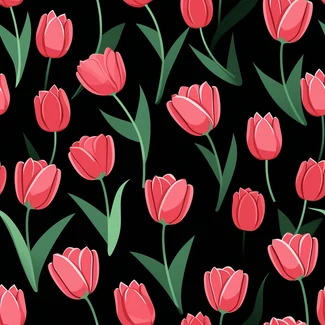 A seamless pattern featuring colorful tulips on a black background with leaves.