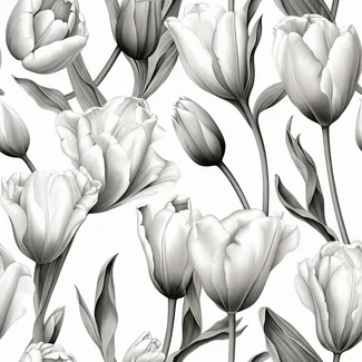 A stunning botanical illustration featuring highly detailed and realistic tulips and lilies in a seamless monochromatic pattern on a white background.