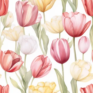 A watercolor floral seamless pattern with tulips on a white background, featuring light yellow and light red hues and layered with transparency and opacity effects.
