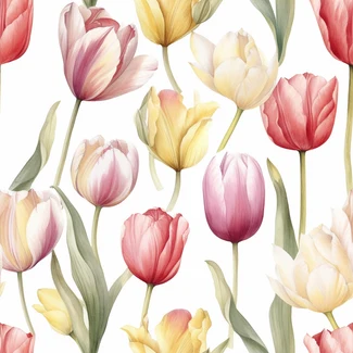 A watercolor seamless pattern of white, yellow, and red tulips on a white background.