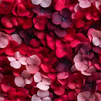 A collage of red and pink flowers arranged in a dreamlike installation for Valentine's Day.