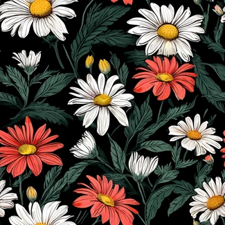 A stunning seamless pattern featuring vibrant daisies on a black background.