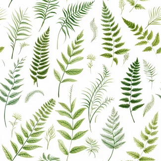 A watercolor seamless pattern featuring detailed sketches of green and yellow fern leaves against a white background.