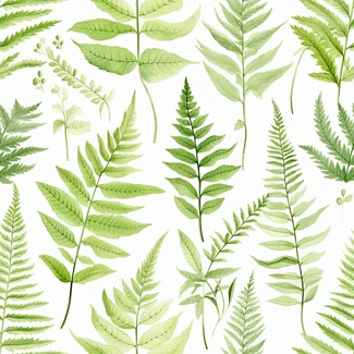 A repeating pattern of delicate green fern leaves on a white background.