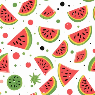 Watermelon and tomato pop art pattern with a minimalist background and playful confetti-like dots.