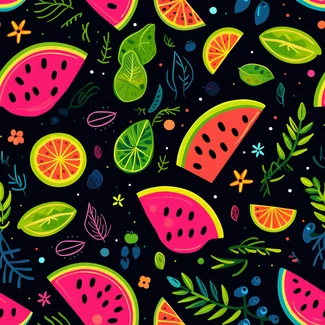 A colorful and playful seamless pattern with watermelon slices, lime, and leaves on a black background.