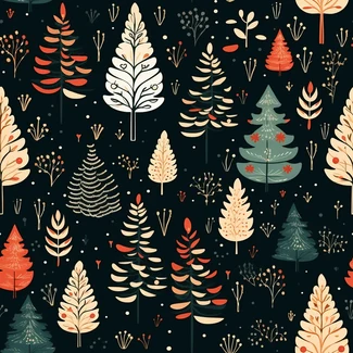 A seamless pattern with whimsical Christmas trees and leaves in shades of indigo, amber, red, and black, with floral scenes and nature-inspired pieces. The pattern has a mid-century style and cabincore feel, with a dark atmospheric background and detailed botanical illustrations.
