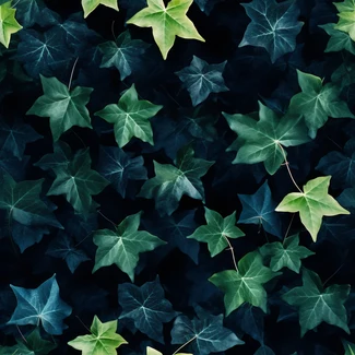 A whimsical pattern of green ivy leaves on a black background.
