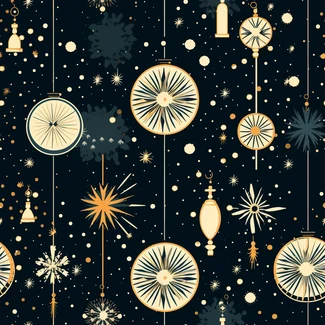 A whimsical winter festive pattern featuring a black Christmas ornament with gold star ornaments set against a background of light navy and light beige.