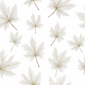 A white maple leaf pattern on a white background with a whimsical scattering of delicate leaves and a gold color accent.