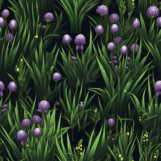 A seamless pattern of purple wildflowers and grass on a black background.