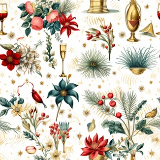 A seamless pattern featuring flowers in wintery mood, in the style of golden age illustrations, with realistic usage of light and color, and detailed miniatures that create classic still life compositions, set against a white background that provides the perfect canvas for the captivating floral still lifes. The predominant colors are red and emerald, light gold and blue, and the pattern includes gold snowflakes, holly, and red bows, in the style of realistic still life paintings, porcelain, and extravagant table settings, combining natural and man-made elements.